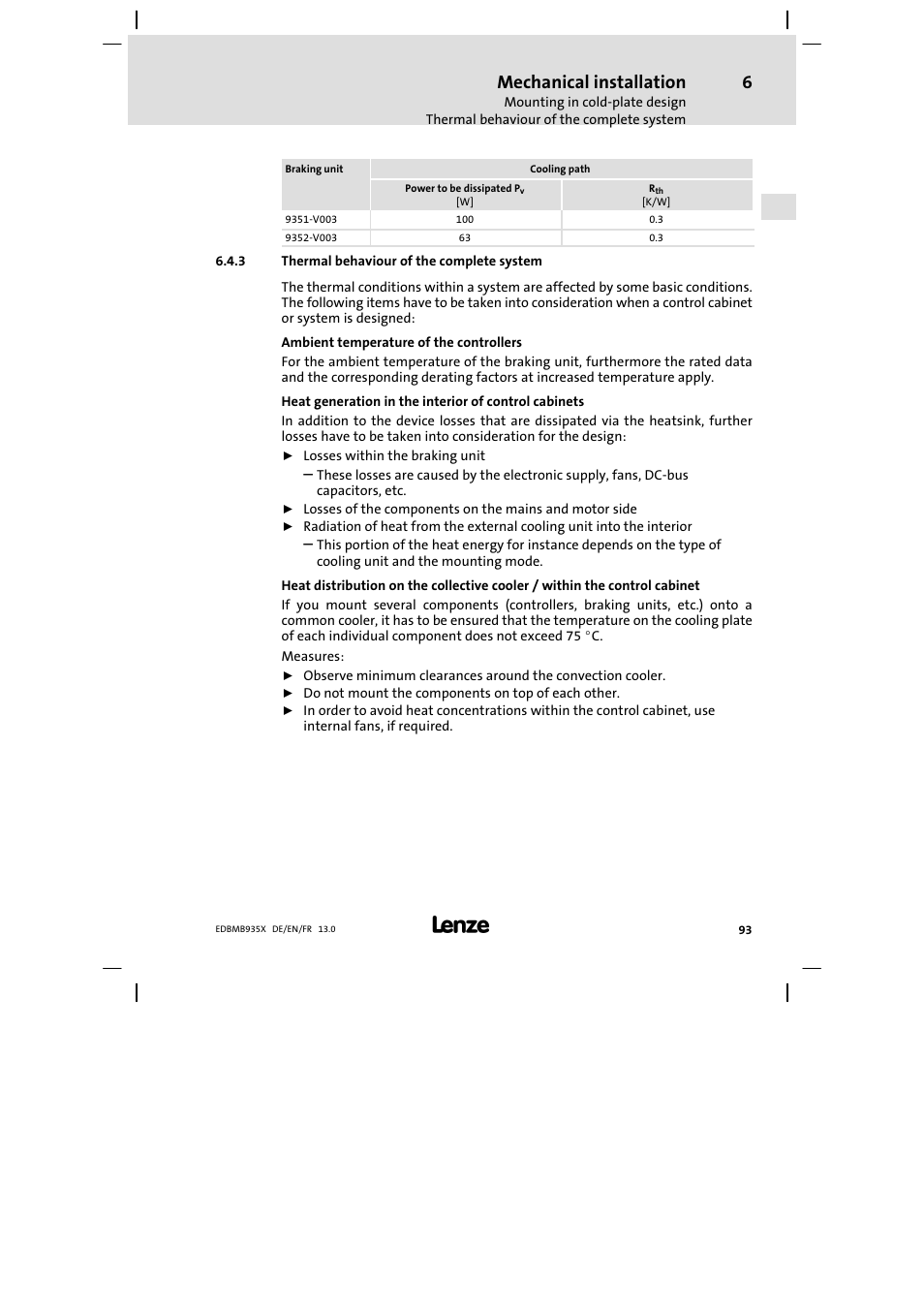 Thermal behaviour of the complete system, Mechanical installation | Lenze EMB9352−C User Manual | Page 93 / 174