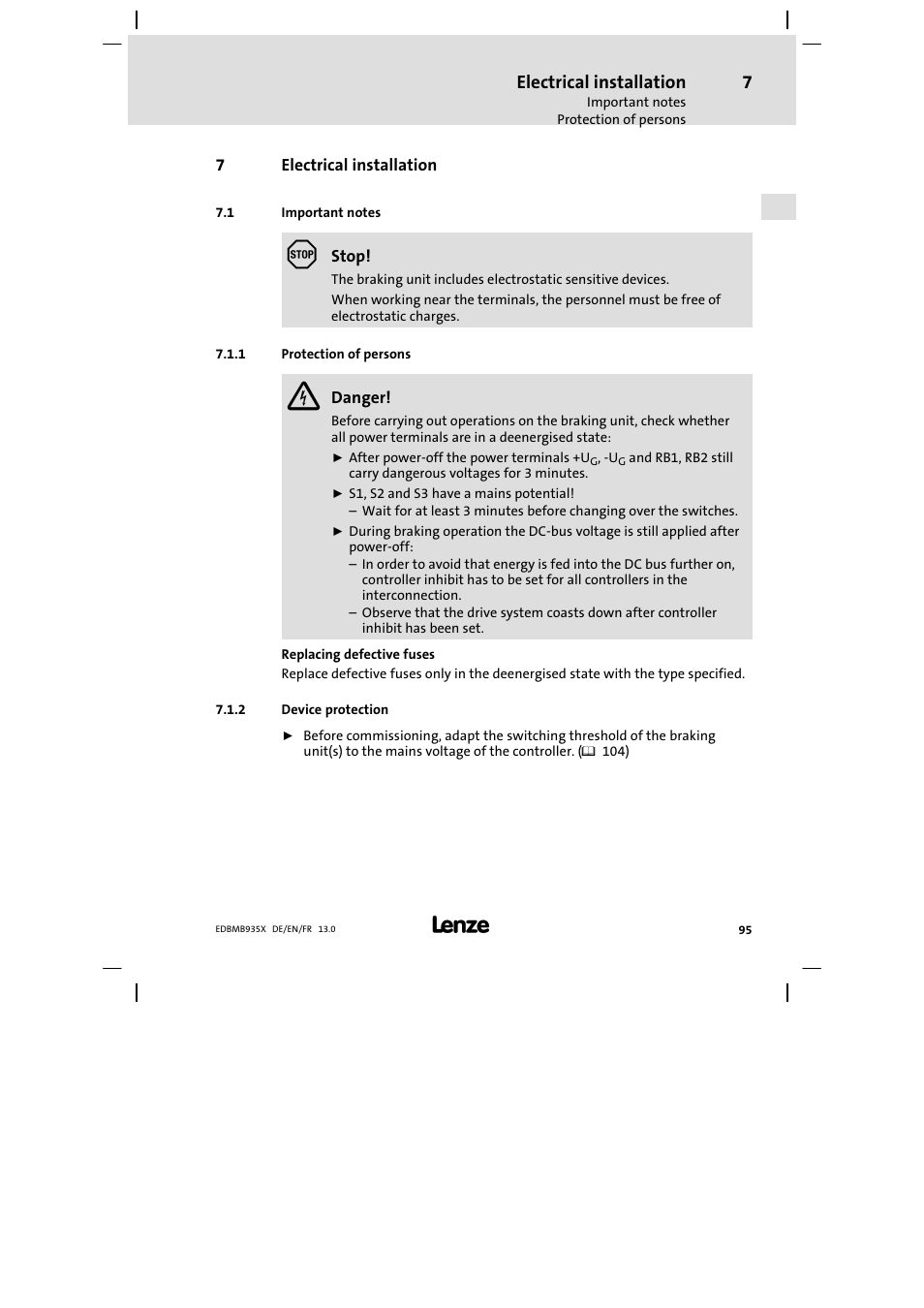 Electrical installation, Important notes, Protection of persons | Device protection | Lenze EMB9352−C User Manual | Page 95 / 174