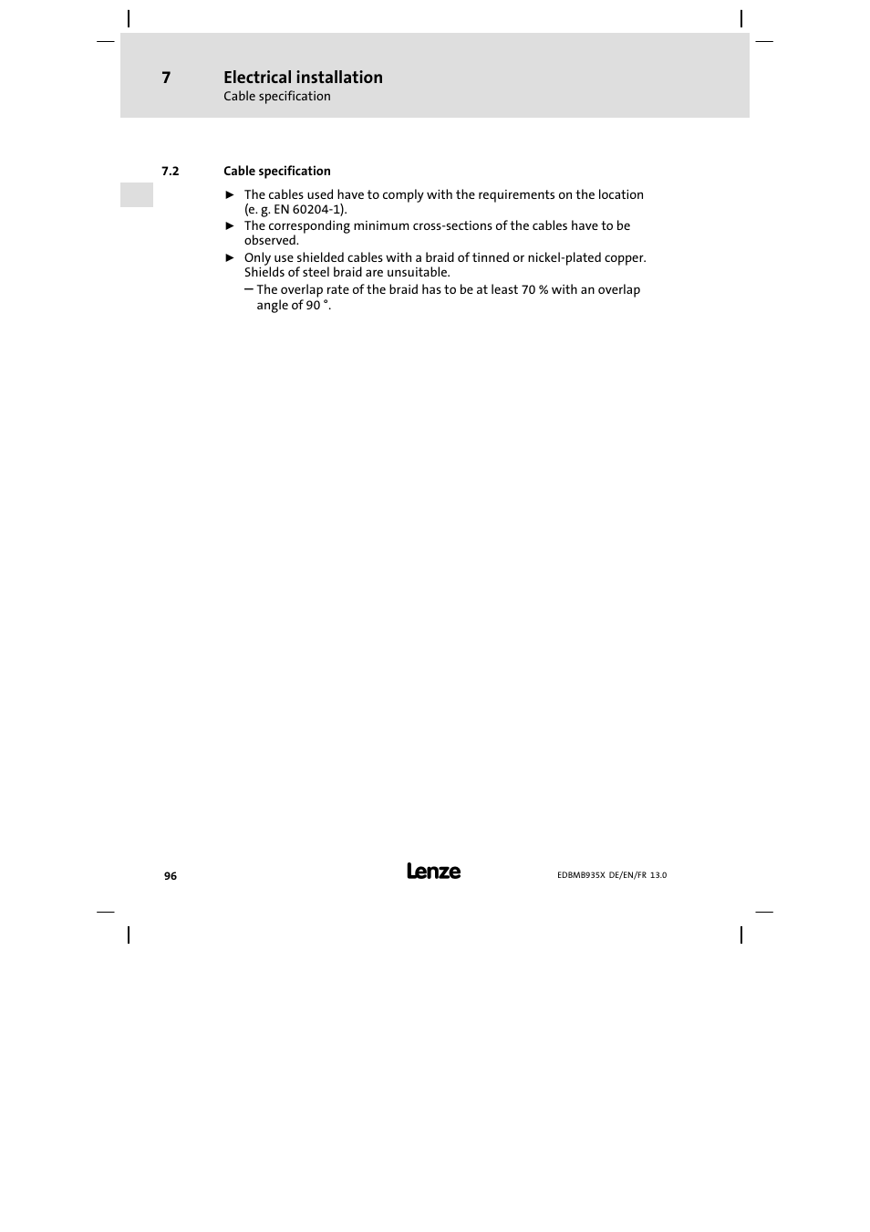 Cable specification, Electrical installation | Lenze EMB9352−C User Manual | Page 96 / 174