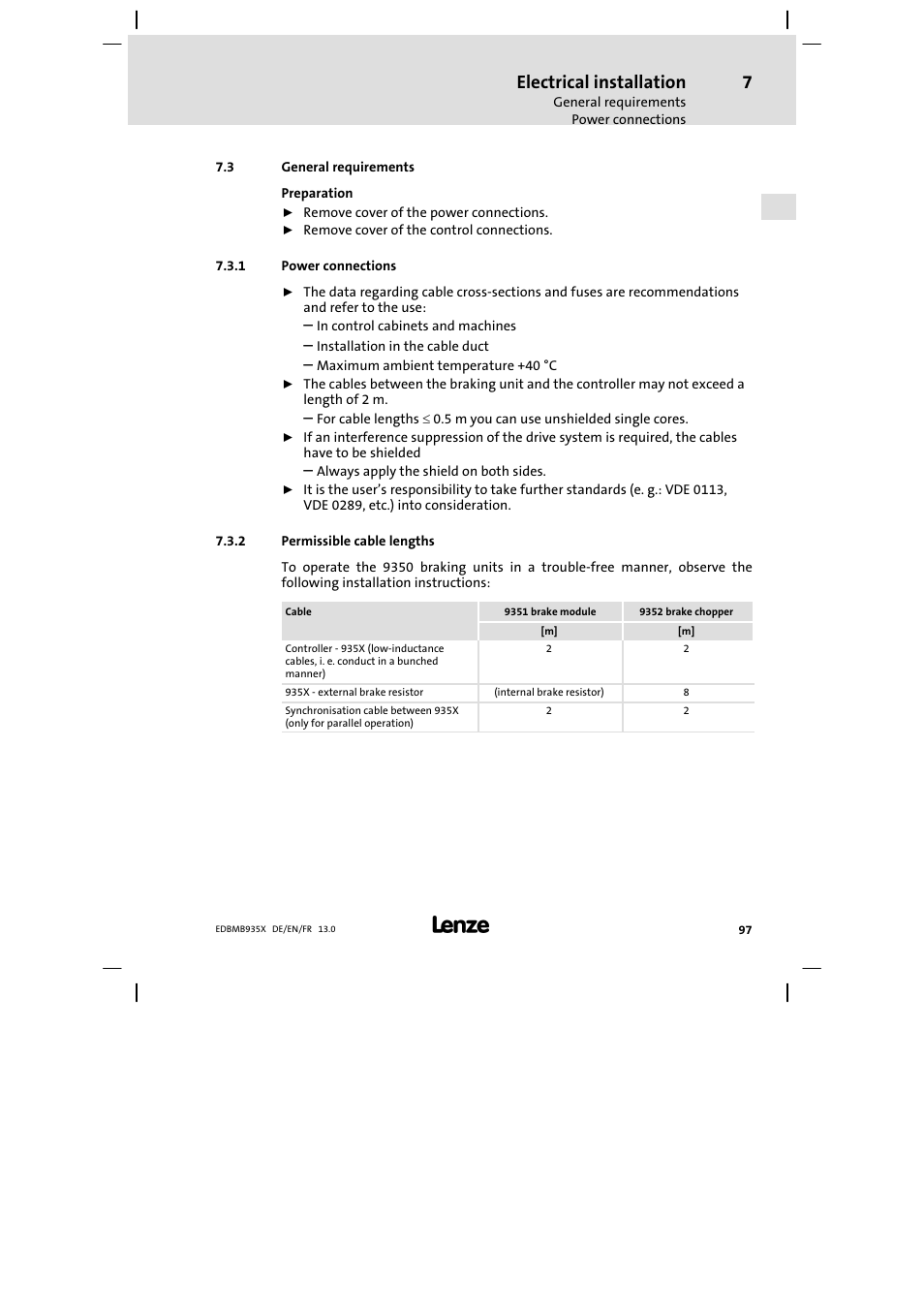General requirements, Power connections, Permissible cable lengths | Electrical installation | Lenze EMB9352−C User Manual | Page 97 / 174