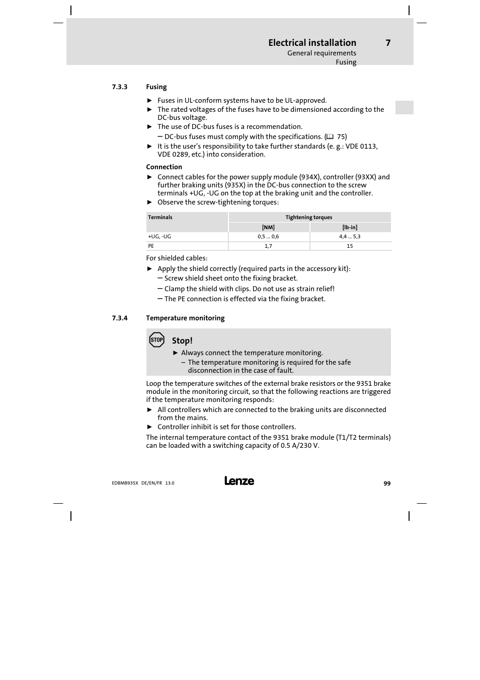Fusing, Temperature monitoring, Electrical installation | Lenze EMB9352−C User Manual | Page 99 / 174