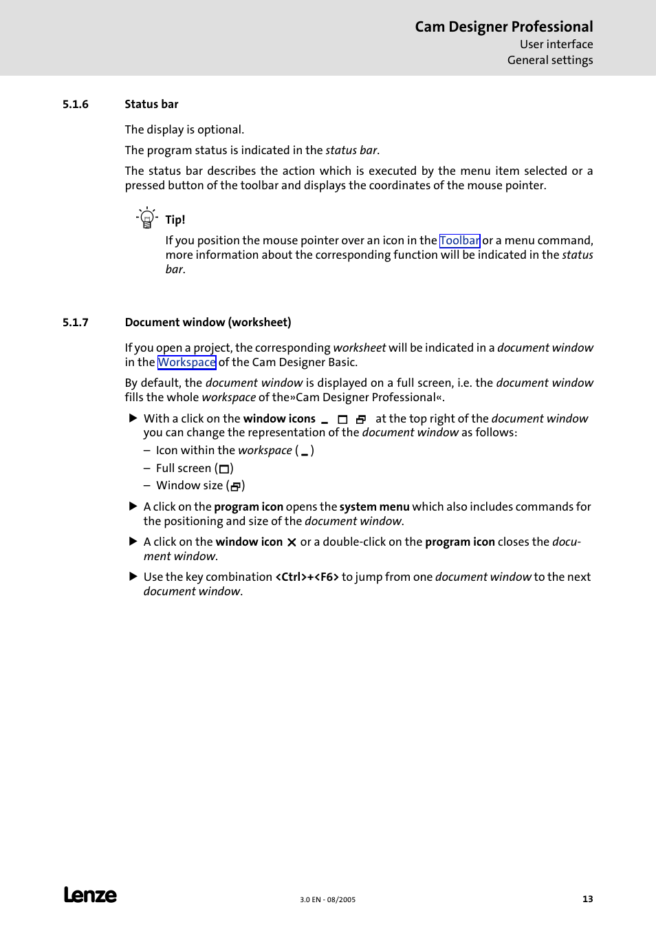 6 status bar, 7 document window (worksheet), Cam designer professional | Lenze Cam Designer Professional User Manual | Page 13 / 53