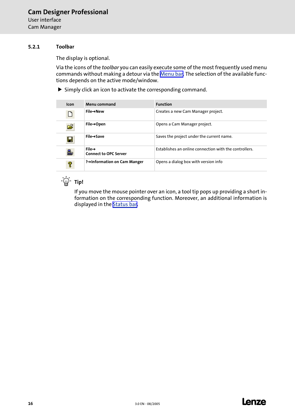 1 toolbar, Toolbar, Cam designer professional | Lenze Cam Designer Professional User Manual | Page 16 / 53