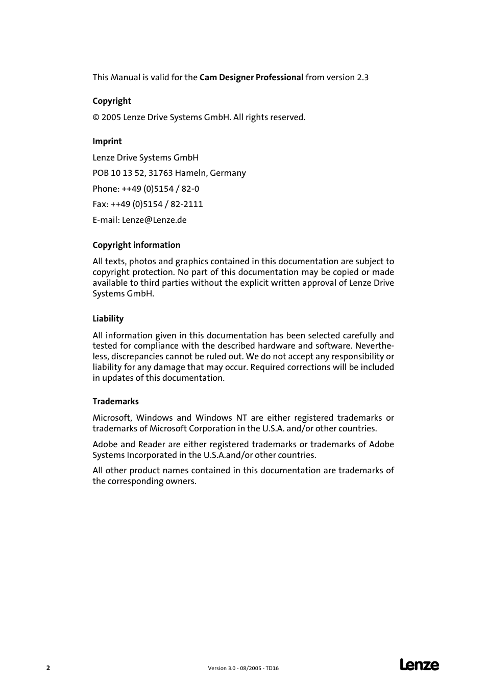 Lenze Cam Designer Professional User Manual | Page 2 / 53