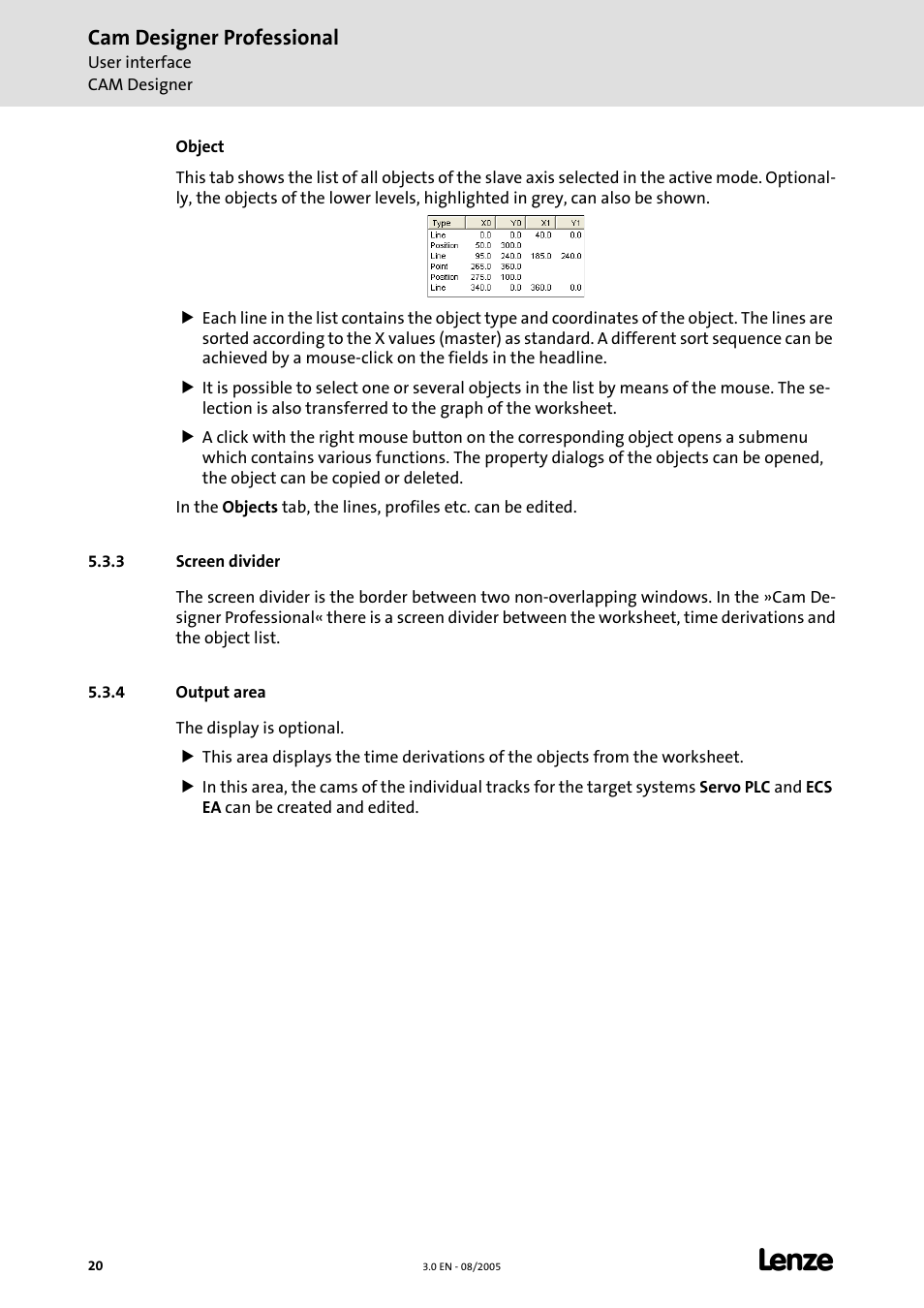 3 screen divider, 4 output area, Screen divider | Output area, Cam designer professional | Lenze Cam Designer Professional User Manual | Page 20 / 53
