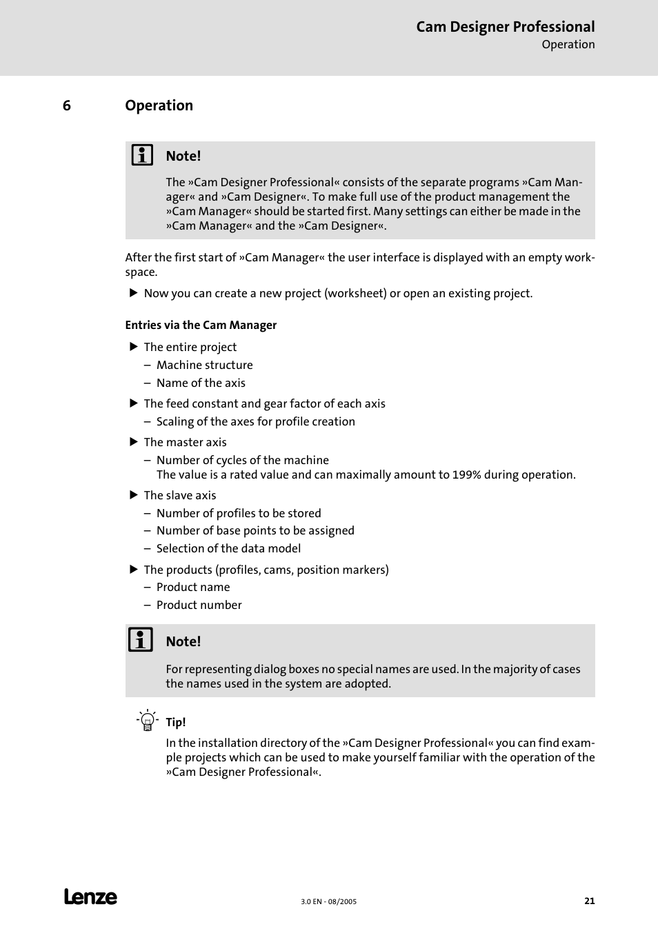 6 operation, Operation | Lenze Cam Designer Professional User Manual | Page 21 / 53