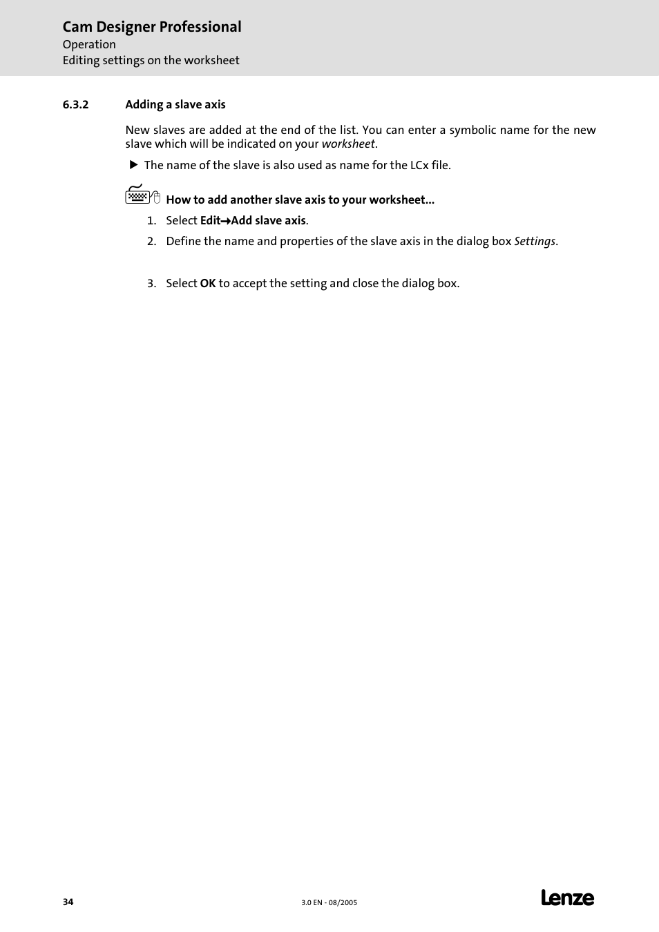 2 adding a slave axis | Lenze Cam Designer Professional User Manual | Page 34 / 53