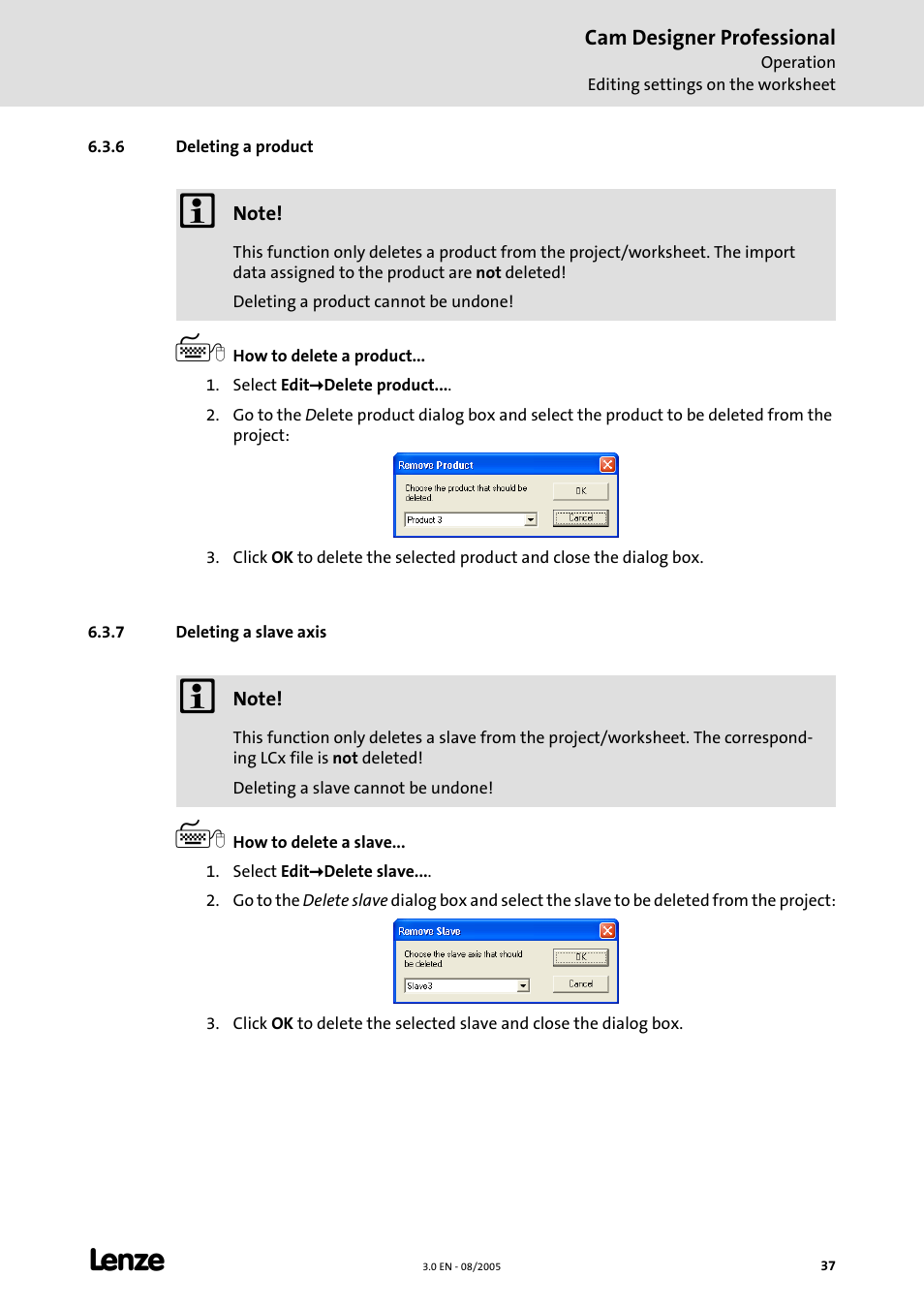 6 deleting a product, 7 deleting a slave axis | Lenze Cam Designer Professional User Manual | Page 37 / 53