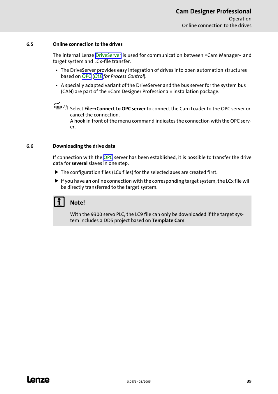 5 online connection to the drives, 6 downloading the drive data, Cam designer professional | Lenze Cam Designer Professional User Manual | Page 39 / 53