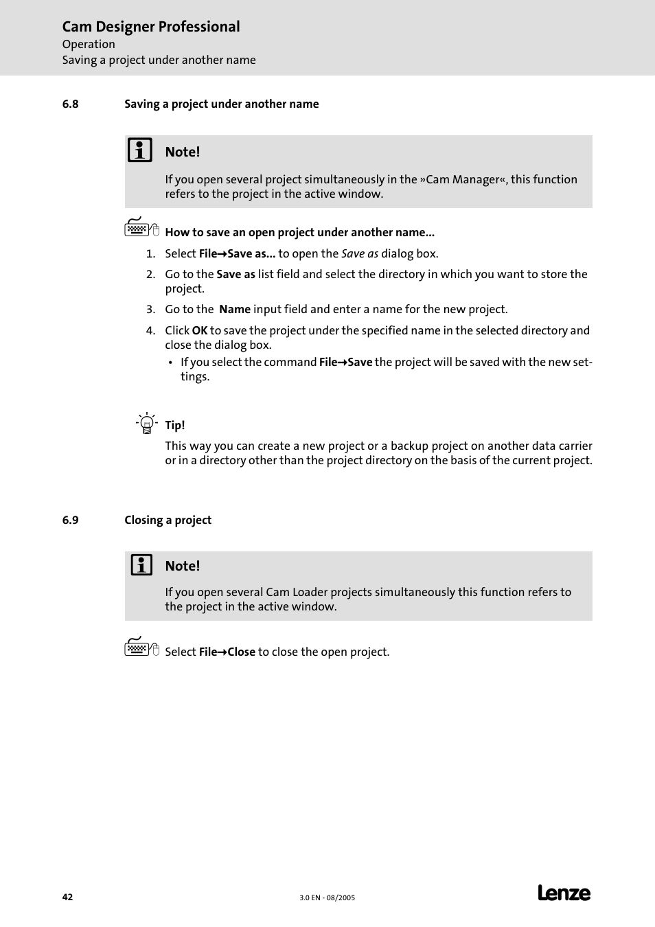 8 saving a project under another name, 9 closing a project | Lenze Cam Designer Professional User Manual | Page 42 / 53