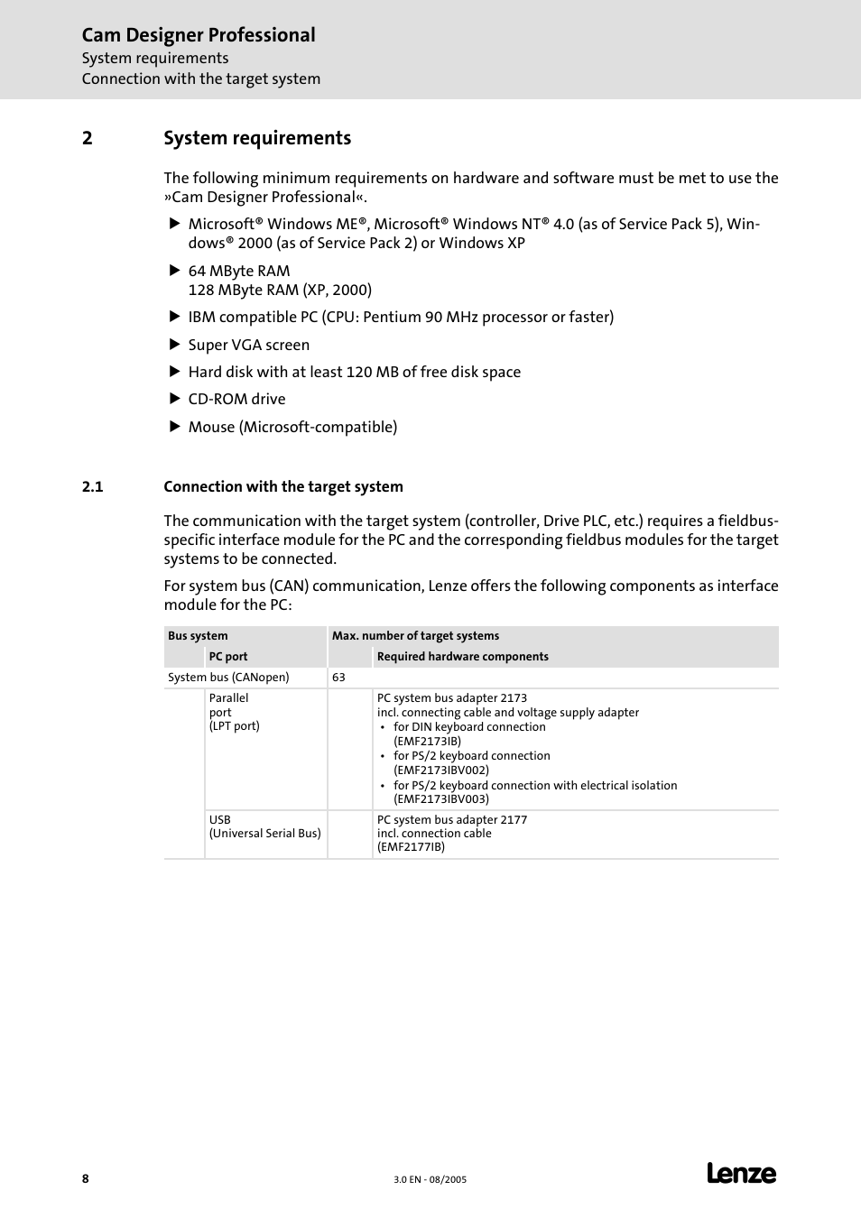 2 system requirements, 1 connection with the target system, System requirements | Cam designer professional, 2system requirements | Lenze Cam Designer Professional User Manual | Page 8 / 53