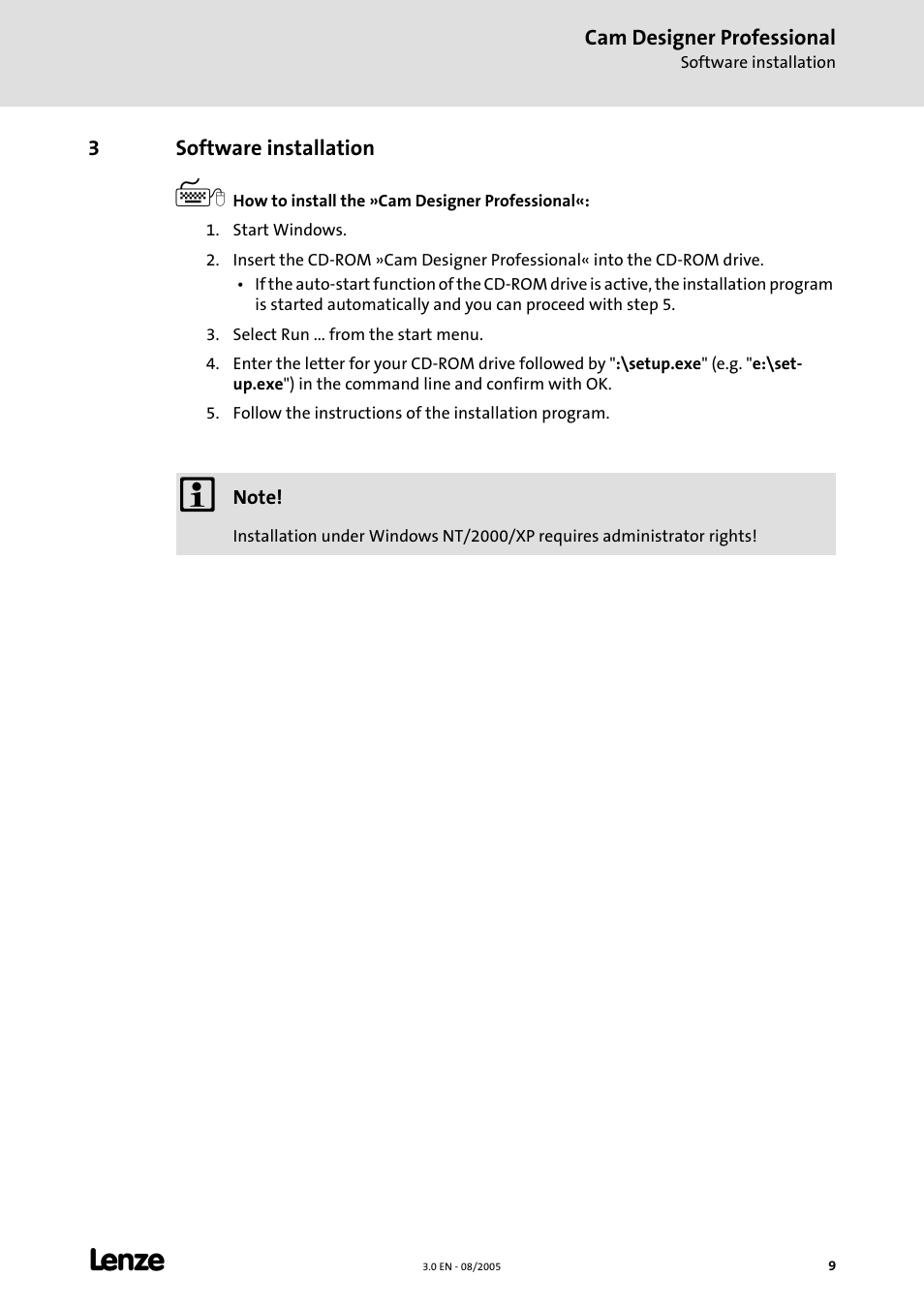 3 software installation, Software installation | Lenze Cam Designer Professional User Manual | Page 9 / 53