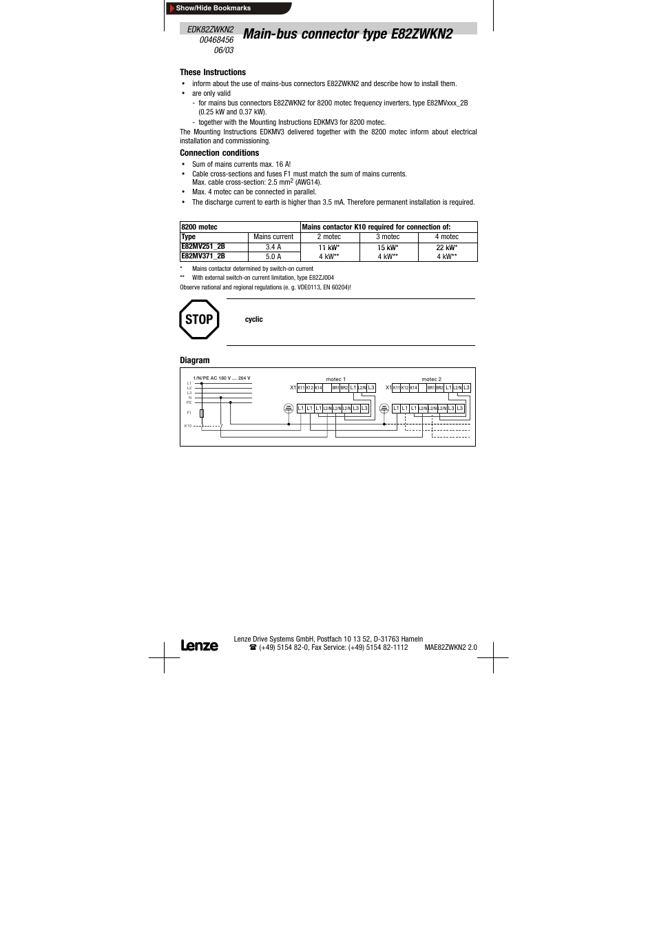 Main-bus connector type e82zwkn2, Stop | Lenze E82ZWKN2 User Manual | Page 3 / 6