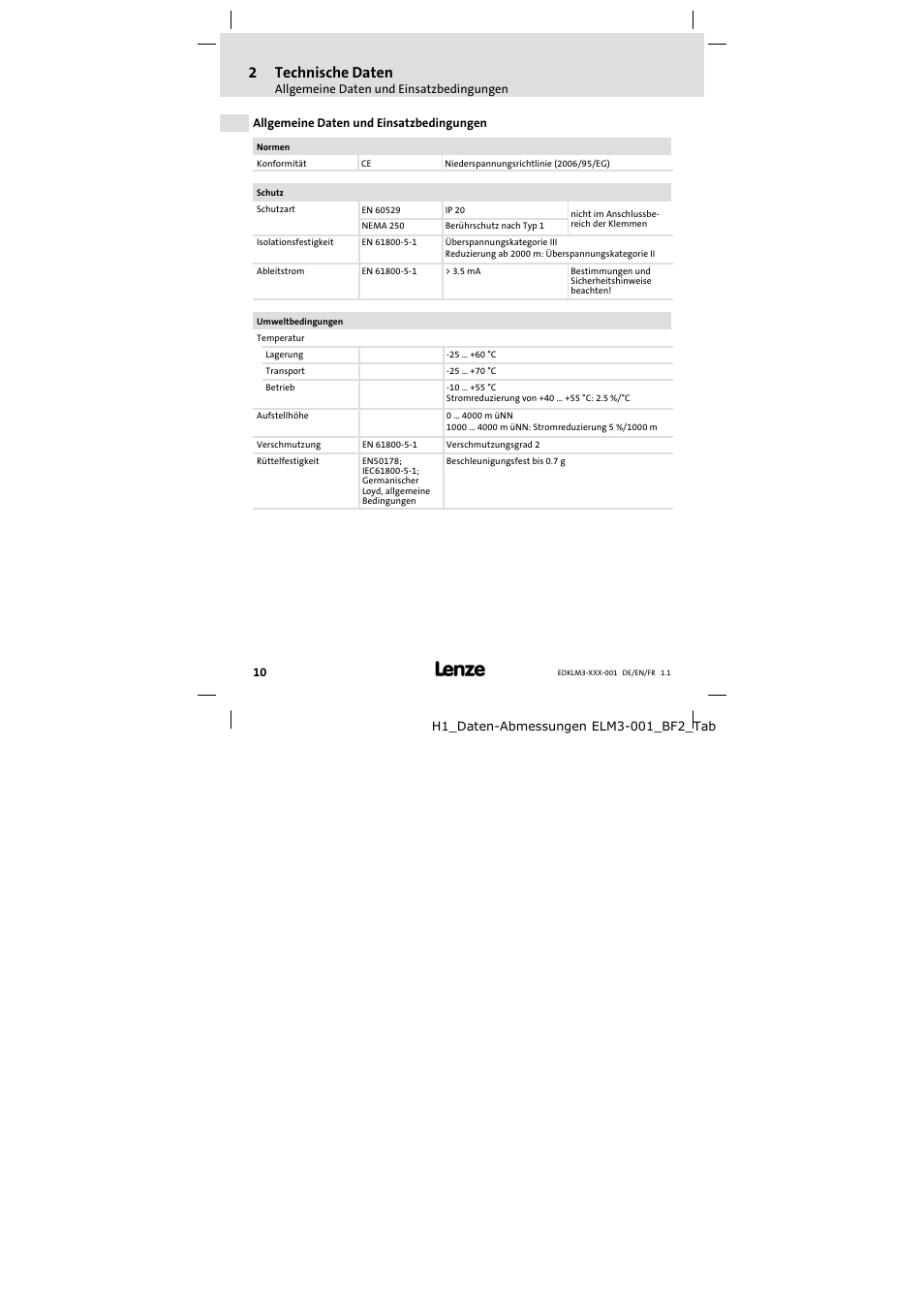 Technische daten, Allgemeine daten und einsatzbedingungen, 2technische daten | Lenze ELM3−004H055 User Manual | Page 10 / 52