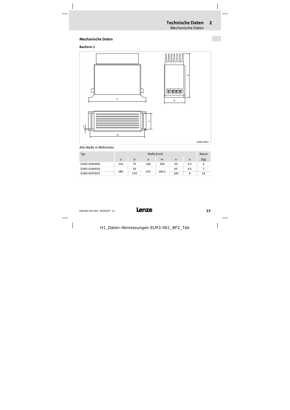 Mechanische daten, Technische daten | Lenze ELM3−004H055 User Manual | Page 13 / 52