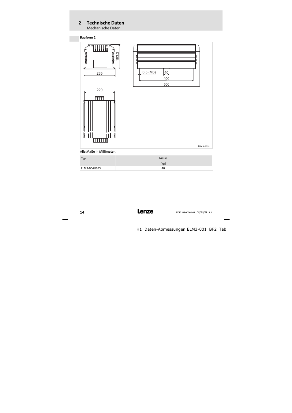 2technische daten | Lenze ELM3−004H055 User Manual | Page 14 / 52