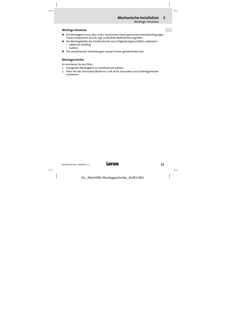 Mechanische installation, Wichtige hinweise, Montageschritte | Lenze ELM3−004H055 User Manual | Page 15 / 52