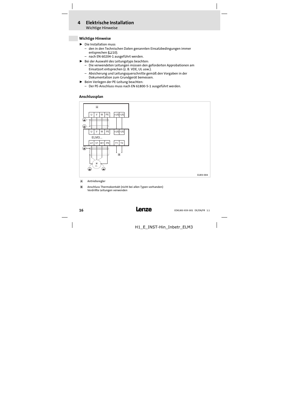 Elektrische installation, Wichtige hinweise, Anschlussplan | 4elektrische installation | Lenze ELM3−004H055 User Manual | Page 16 / 52