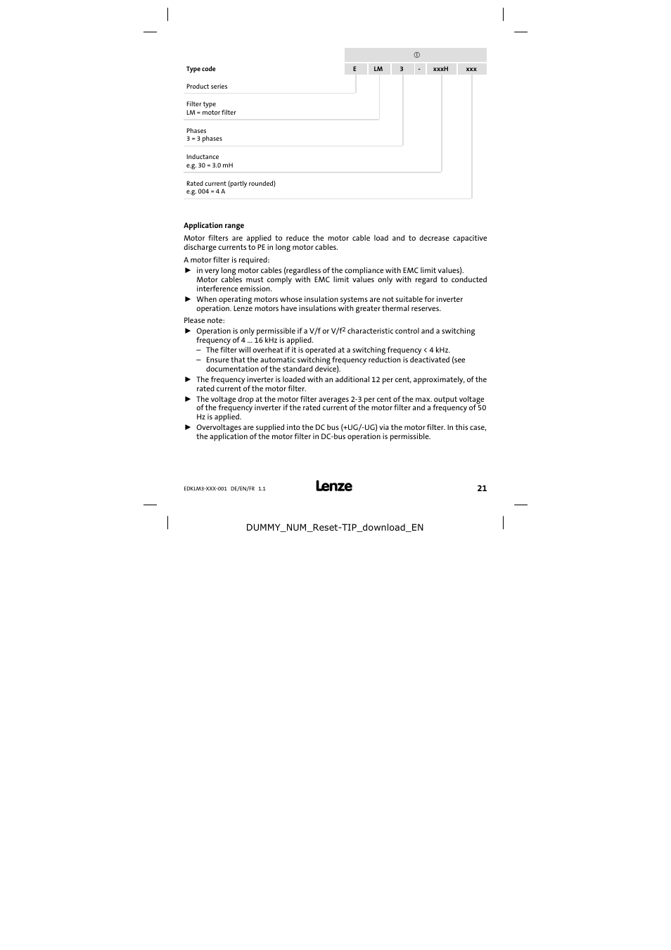 Type code | Lenze ELM3−004H055 User Manual | Page 21 / 52