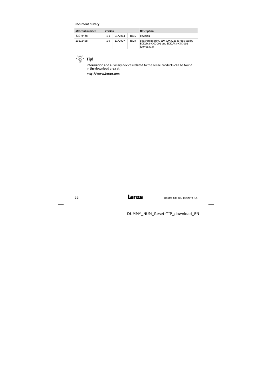Document history | Lenze ELM3−004H055 User Manual | Page 22 / 52