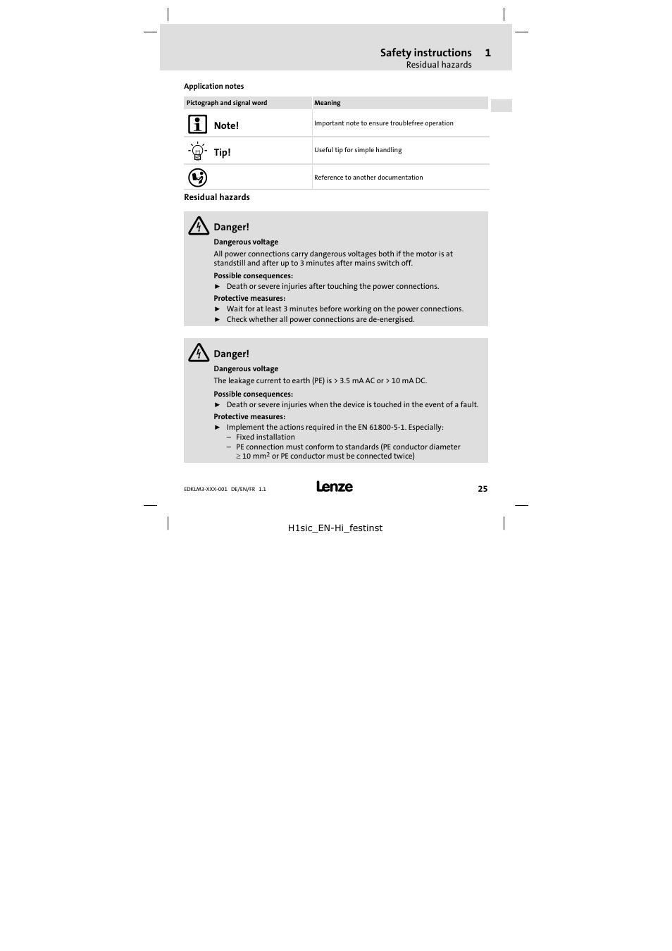 Residual hazards | Lenze ELM3−004H055 User Manual | Page 25 / 52