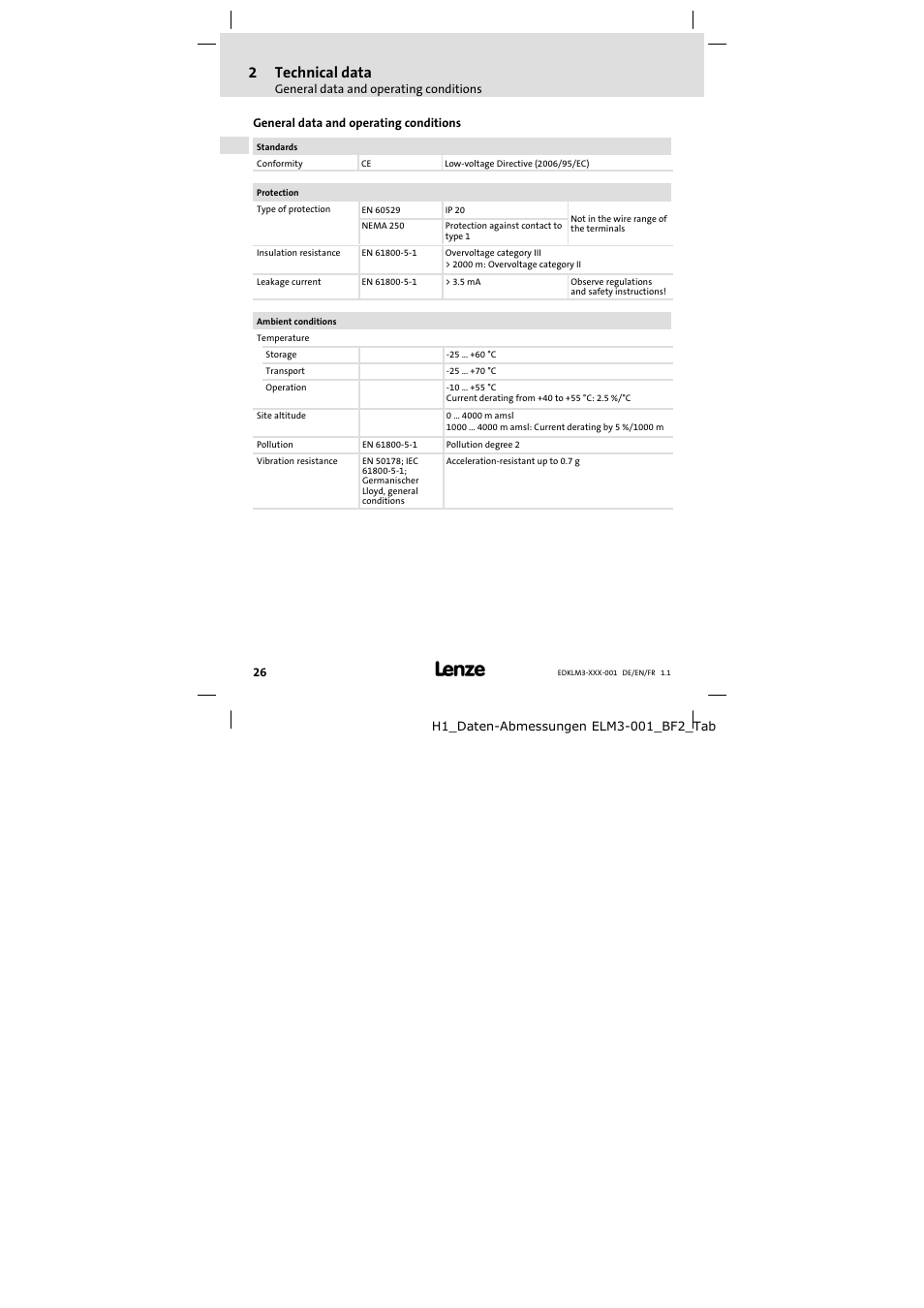 Technical data, General data and operating conditions, 2technical data | Lenze ELM3−004H055 User Manual | Page 26 / 52