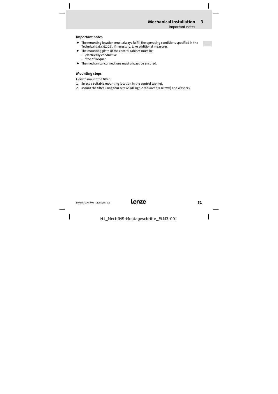 Mechanical installation, Important notes, Mounting steps | Lenze ELM3−004H055 User Manual | Page 31 / 52