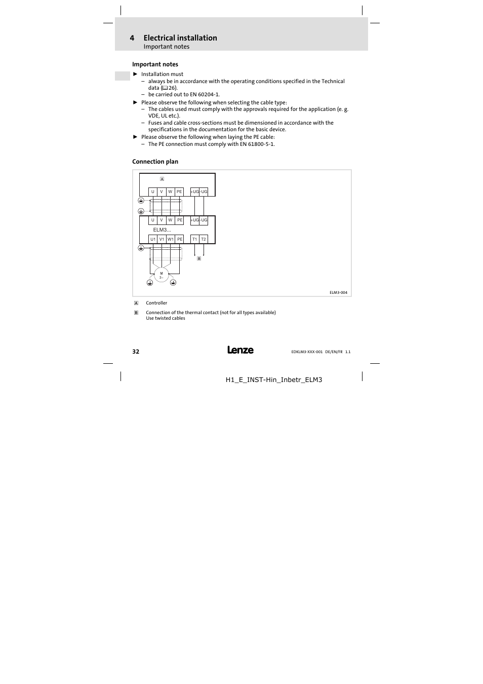 Electrical installation, Important notes, Connection plan | 4electrical installation | Lenze ELM3−004H055 User Manual | Page 32 / 52