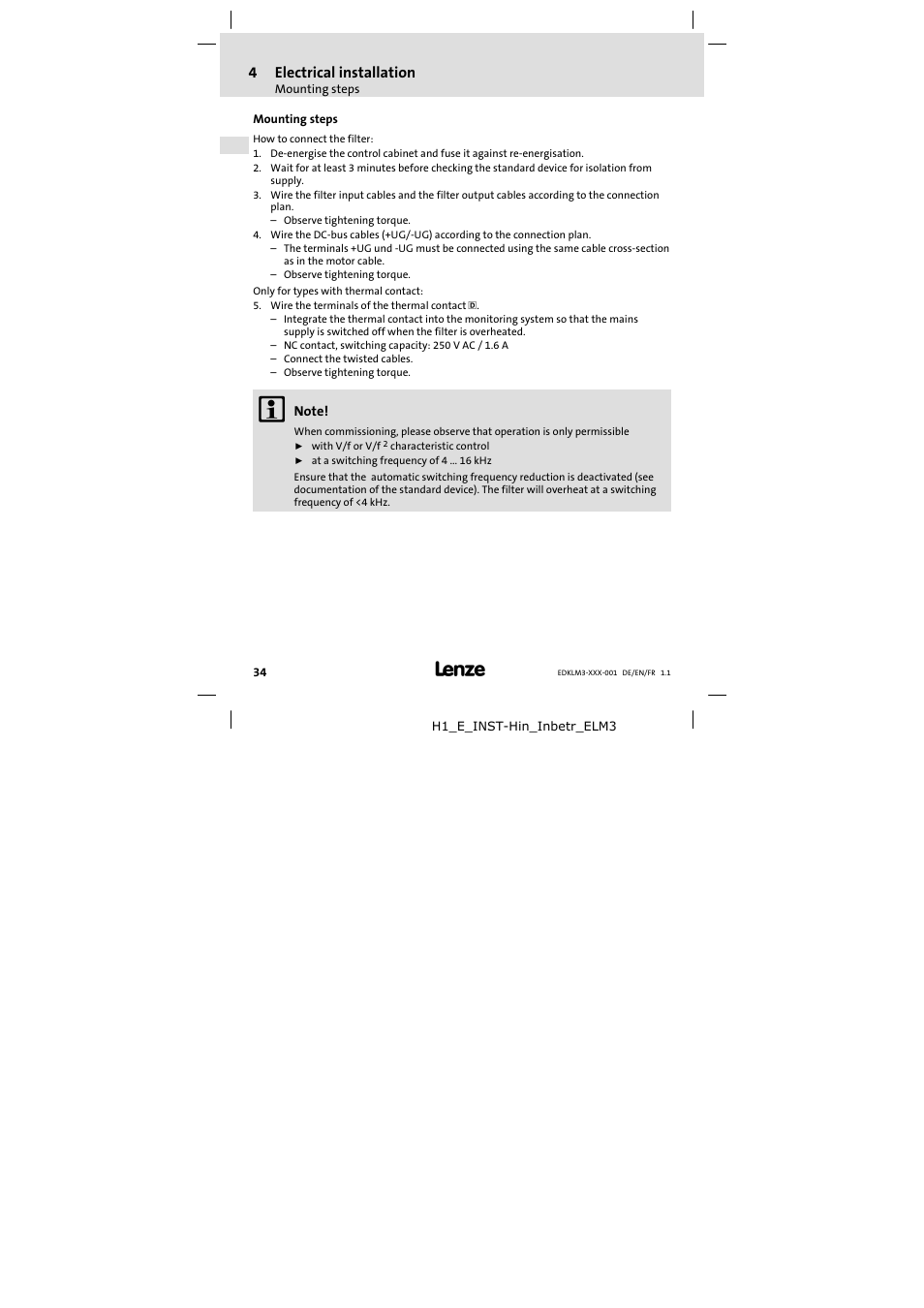 Mounting steps, 4electrical installation | Lenze ELM3−004H055 User Manual | Page 34 / 52