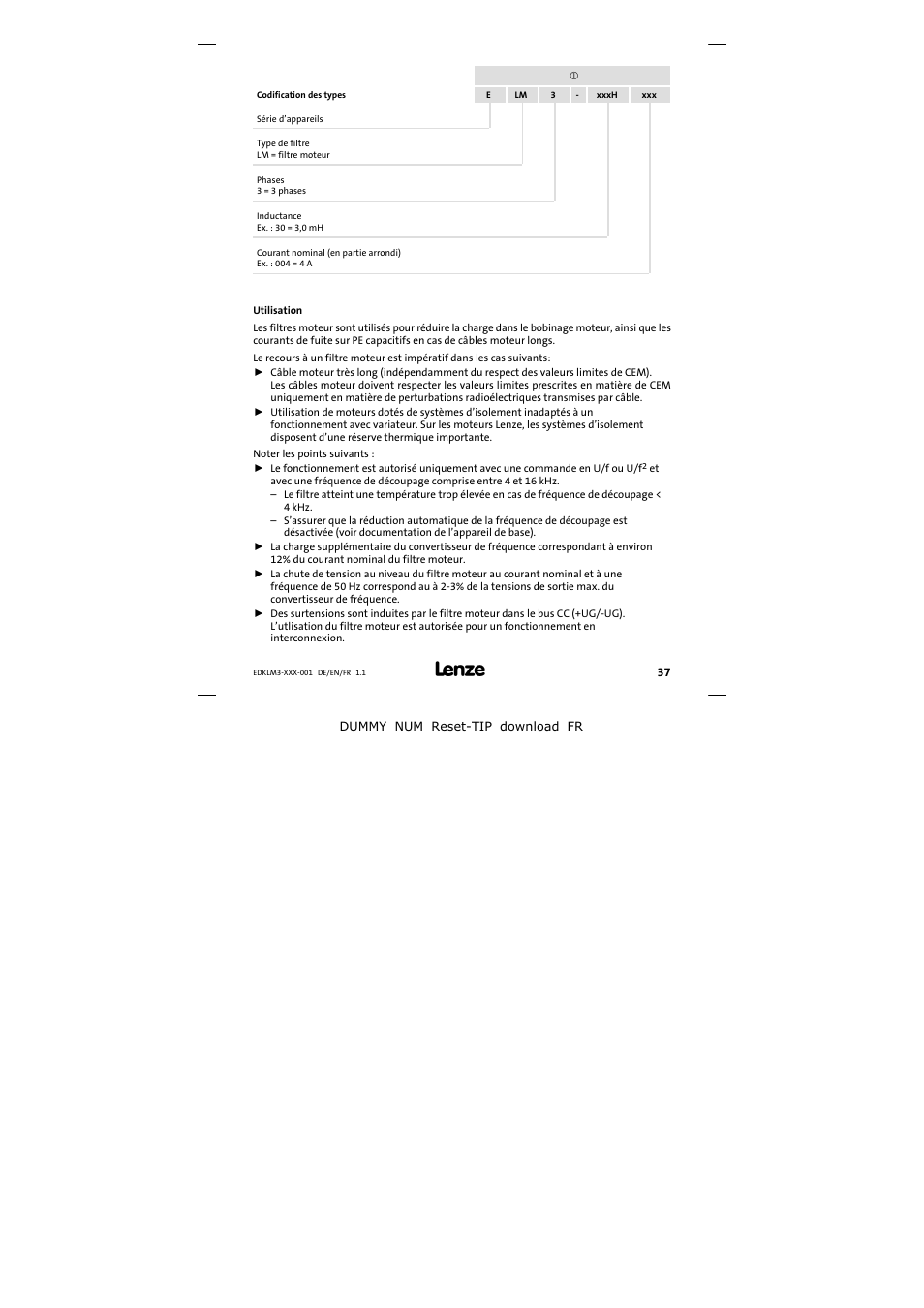 Codification des types | Lenze ELM3−004H055 User Manual | Page 37 / 52