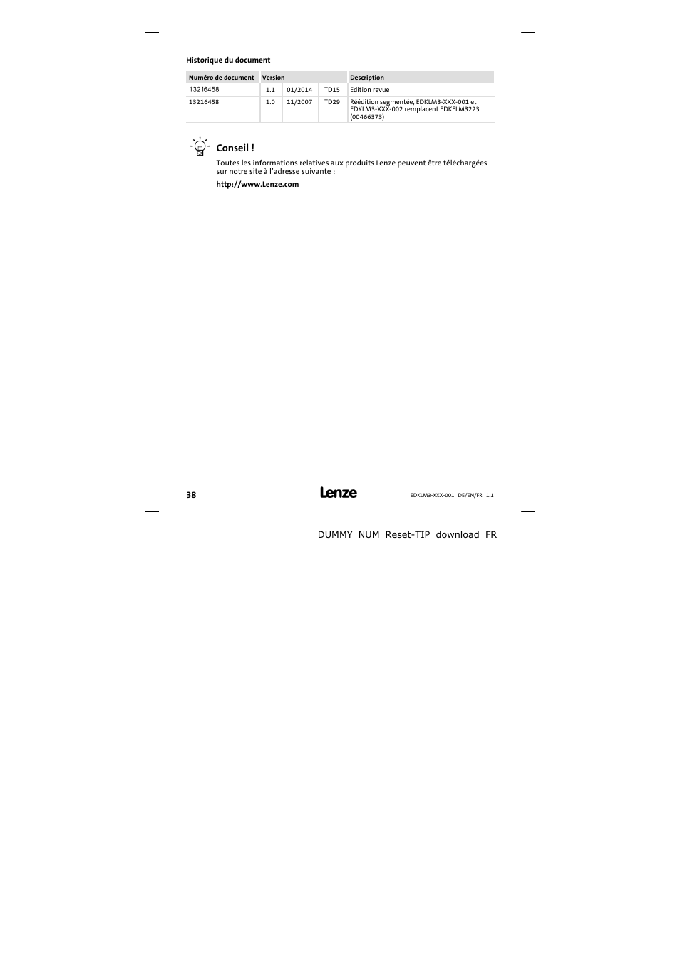 Historique du document | Lenze ELM3−004H055 User Manual | Page 38 / 52