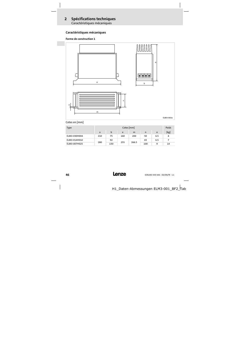 Caractéristiques mécaniques, 2spécifications techniques | Lenze ELM3−004H055 User Manual | Page 46 / 52