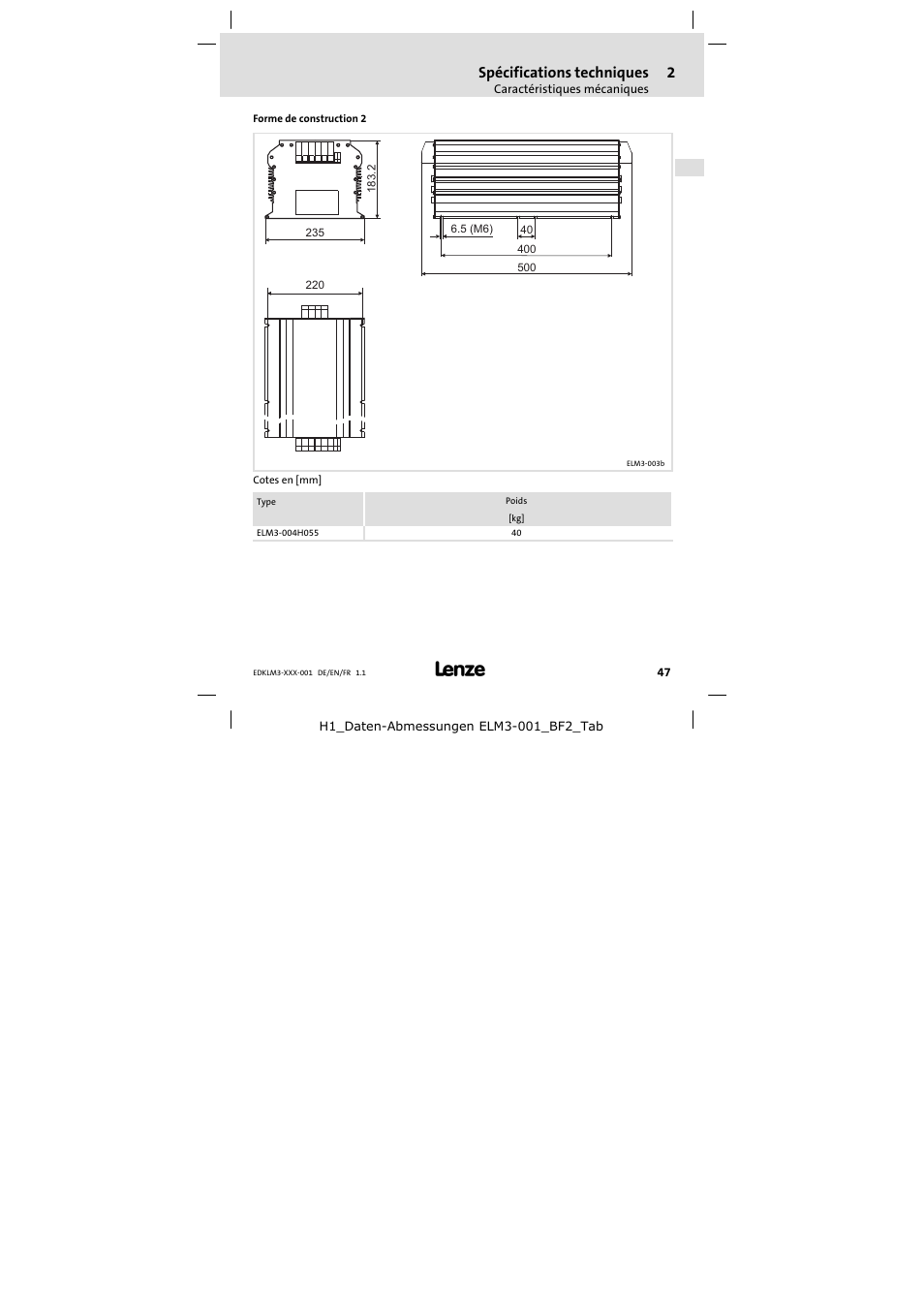Spécifications techniques | Lenze ELM3−004H055 User Manual | Page 47 / 52
