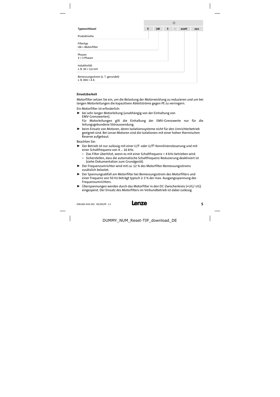 Typenschlüssel | Lenze ELM3−004H055 User Manual | Page 5 / 52