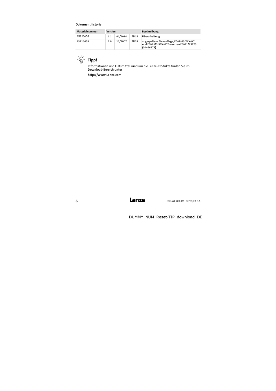 Dokumenthistorie | Lenze ELM3−004H055 User Manual | Page 6 / 52