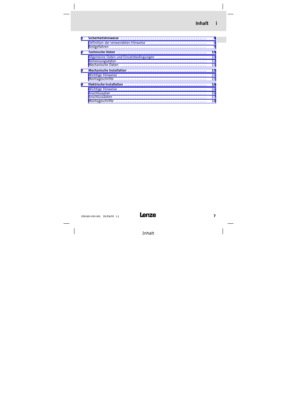 Inhalt, Inhalt i | Lenze ELM3−004H055 User Manual | Page 7 / 52