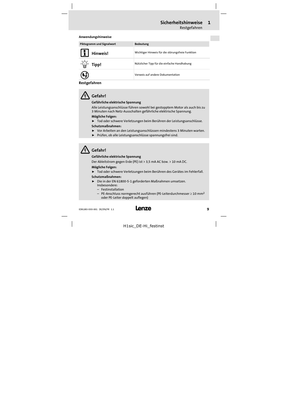 Restgefahren | Lenze ELM3−004H055 User Manual | Page 9 / 52