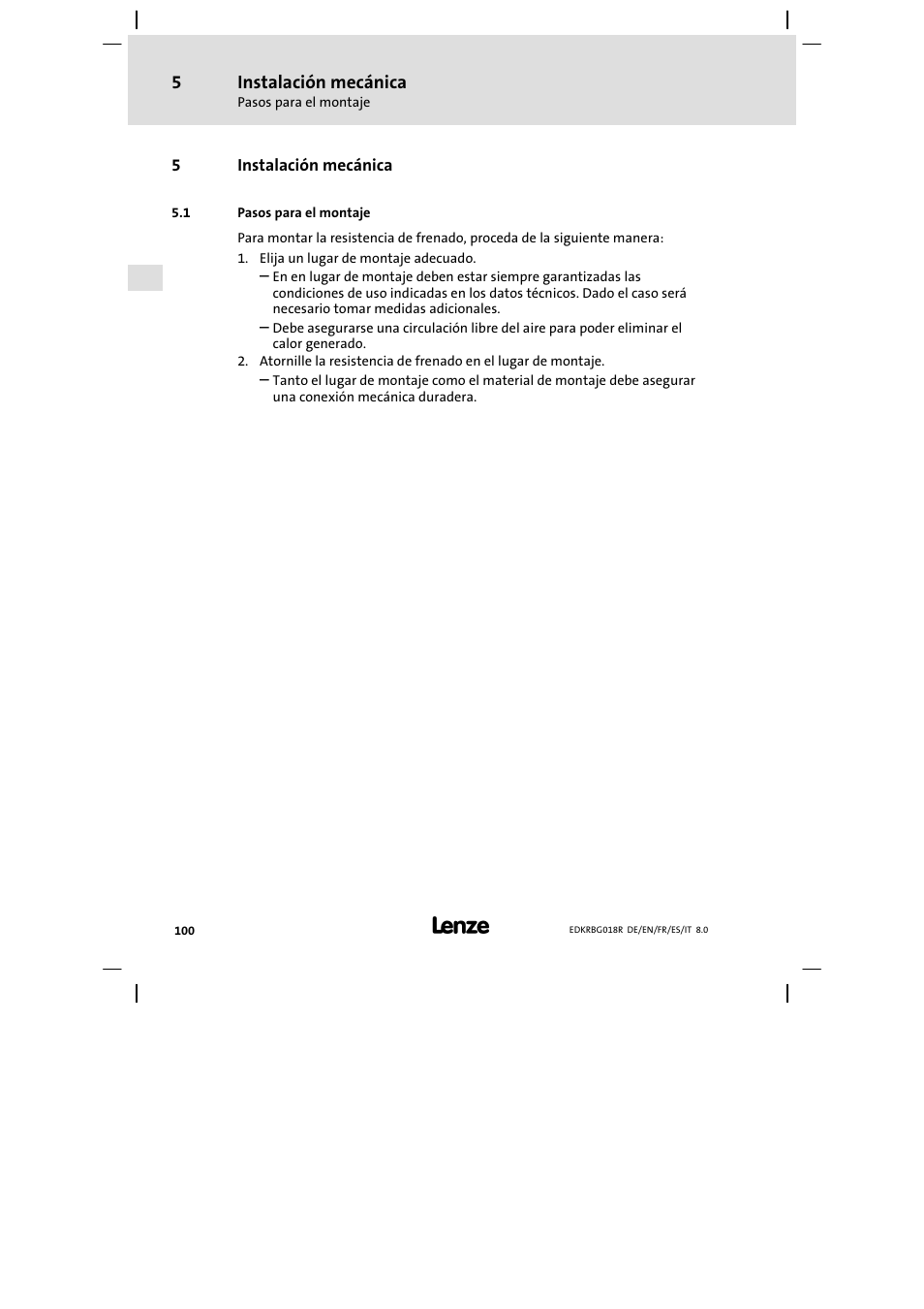 Instalación mecánica, Pasos para el montaje | Lenze ERBGxxxxxxxx User Manual | Page 100 / 134