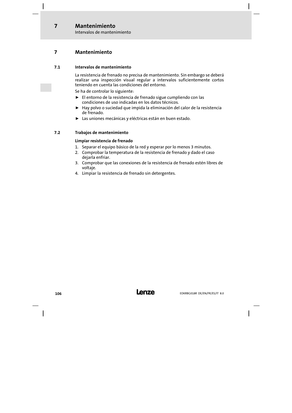 Mantenimiento, Intervalos de mantenimiento, Trabajos de mantenimiento | Lenze ERBGxxxxxxxx User Manual | Page 106 / 134