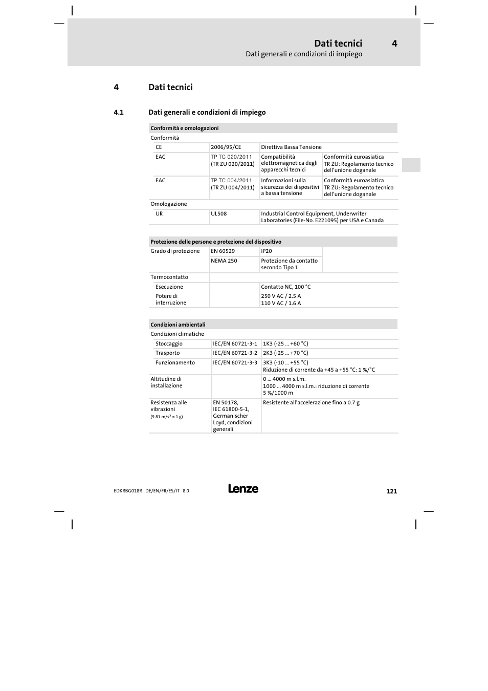Dati tecnici, Dati generali e condizioni di impiego, 4dati tecnici | Lenze ERBGxxxxxxxx User Manual | Page 121 / 134