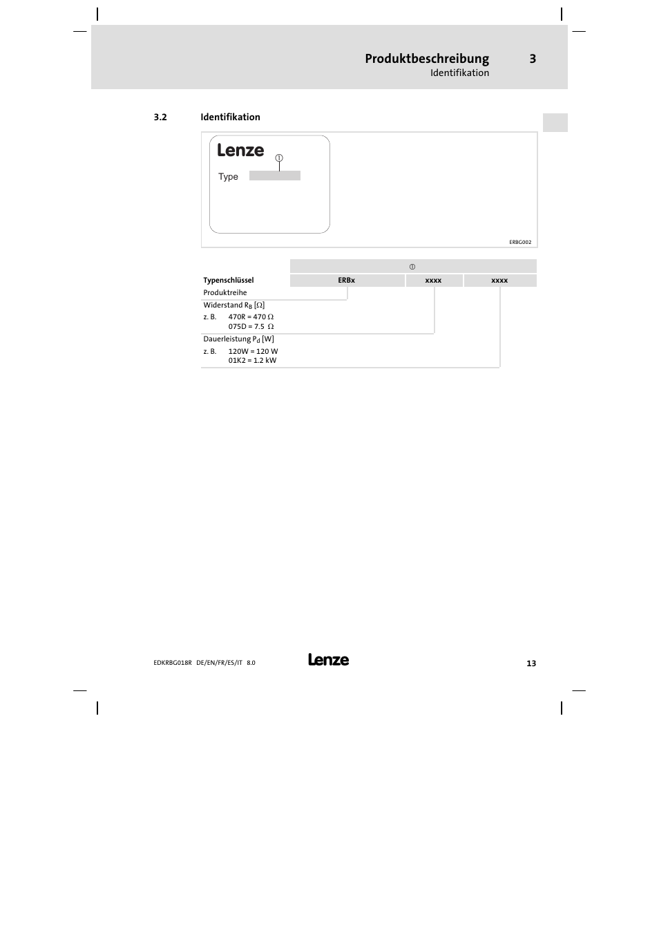 Identifikation, Lenze, Produktbeschreibung | Lenze ERBGxxxxxxxx User Manual | Page 13 / 134