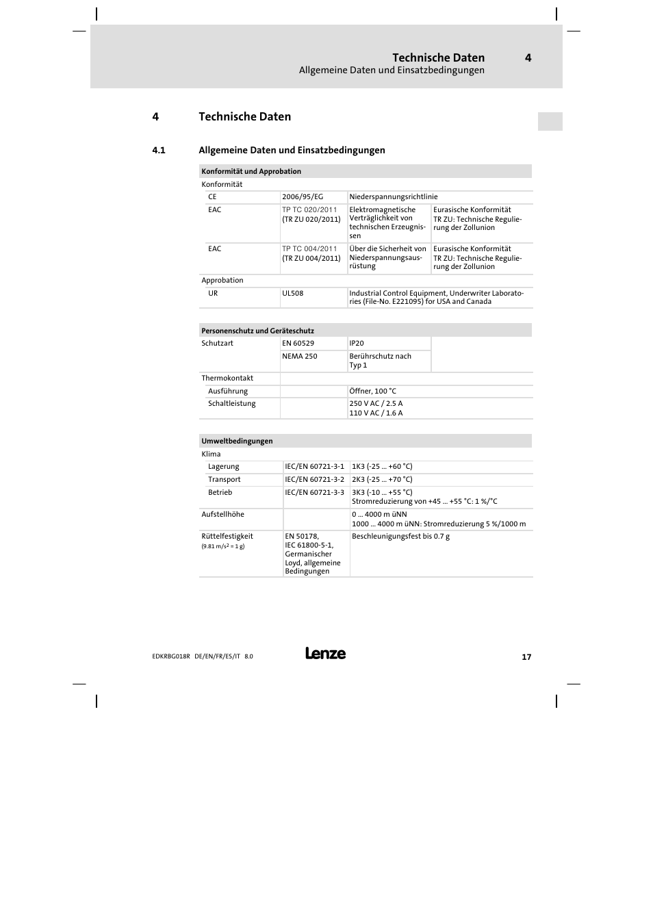 Technische daten, Allgemeine daten und einsatzbedingungen, 4technische daten | Lenze ERBGxxxxxxxx User Manual | Page 17 / 134