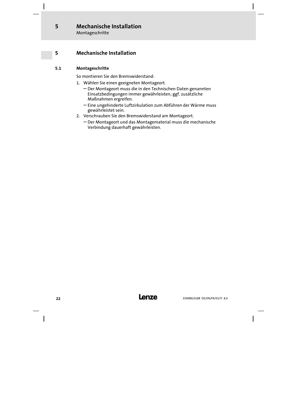 Mechanische installation, Montageschritte | Lenze ERBGxxxxxxxx User Manual | Page 22 / 134