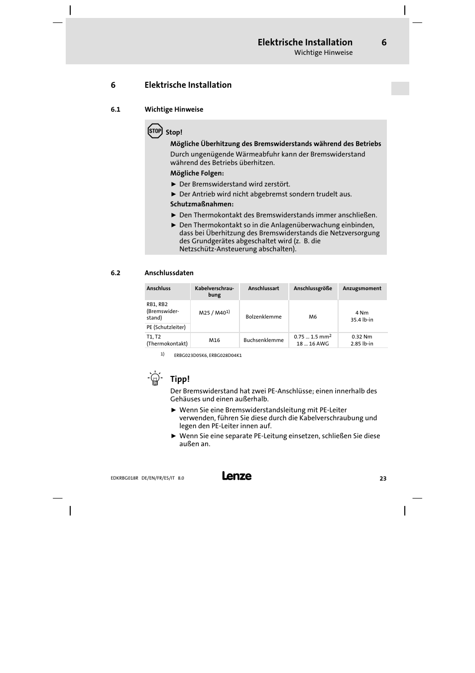 Elektrische installation, Wichtige hinweise, Anschlussdaten | Lenze ERBGxxxxxxxx User Manual | Page 23 / 134