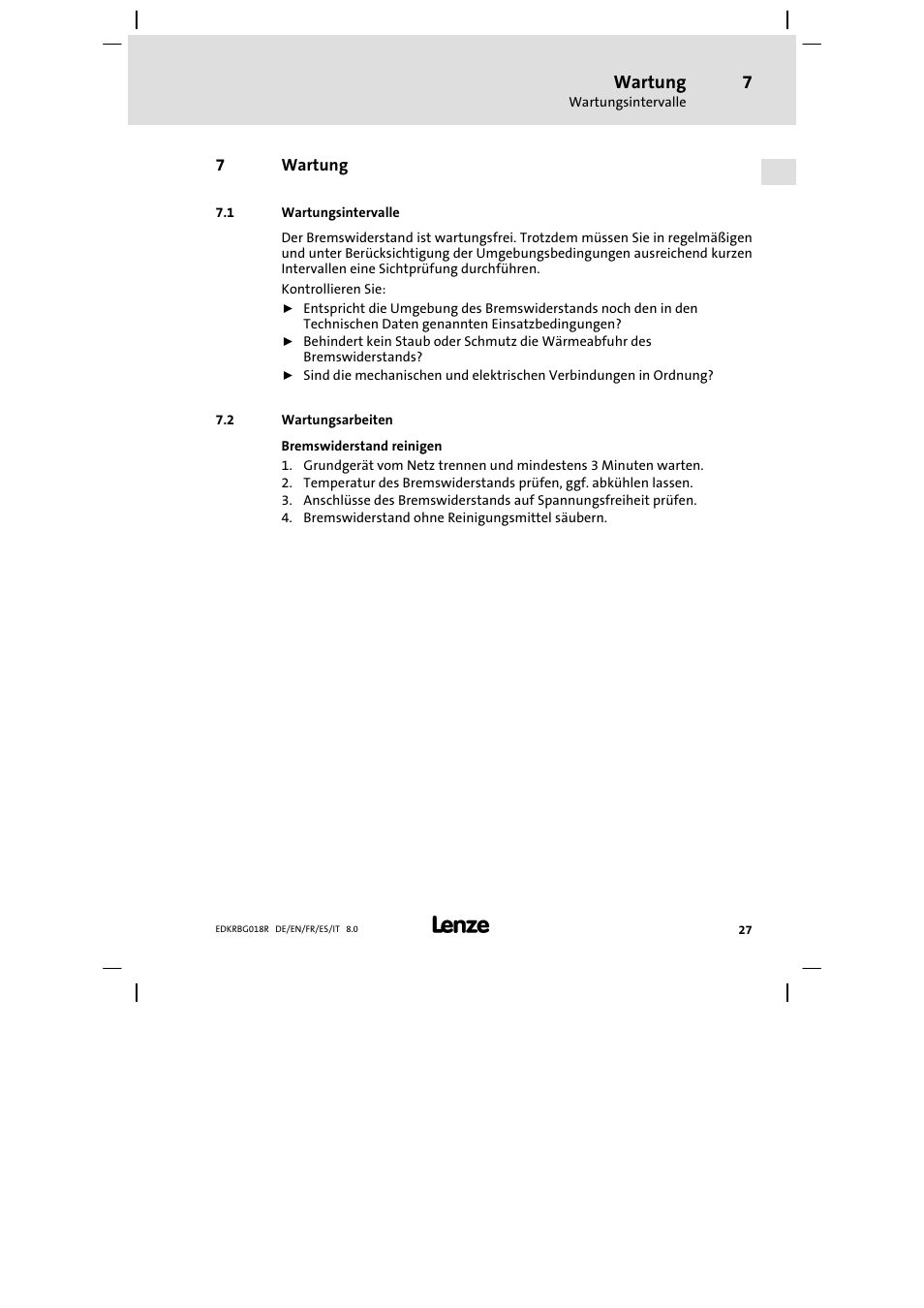 Wartung, Wartungsintervalle, Wartungsarbeiten | Lenze ERBGxxxxxxxx User Manual | Page 27 / 134