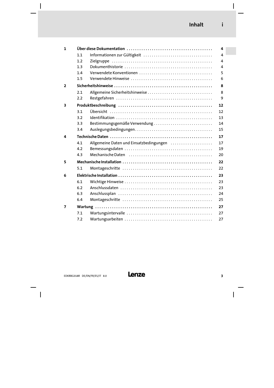 Inhalt, Inhalt i | Lenze ERBGxxxxxxxx User Manual | Page 3 / 134