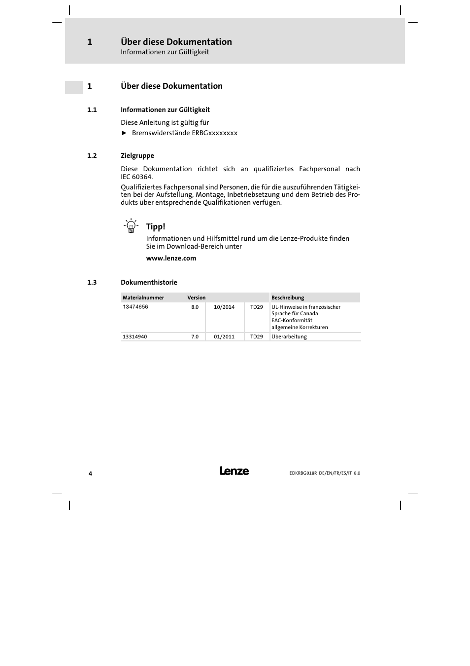 Über diese dokumentation, Informationen zur gültigkeit, Zielgruppe | Dokumenthistorie | Lenze ERBGxxxxxxxx User Manual | Page 4 / 134