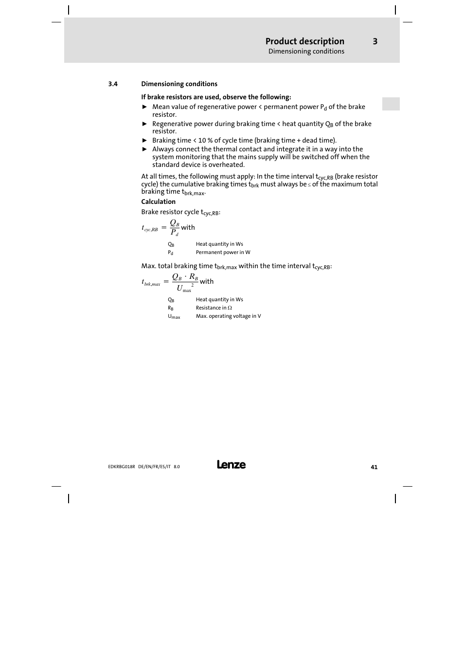 Dimensioning conditions, Product description | Lenze ERBGxxxxxxxx User Manual | Page 41 / 134