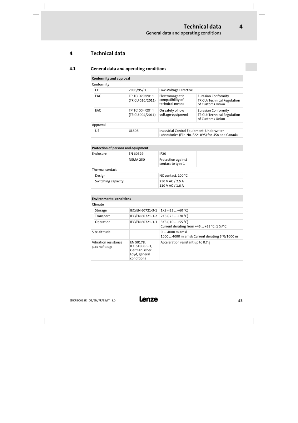 Technical data, General data and operating conditions, 4technical data | Lenze ERBGxxxxxxxx User Manual | Page 43 / 134