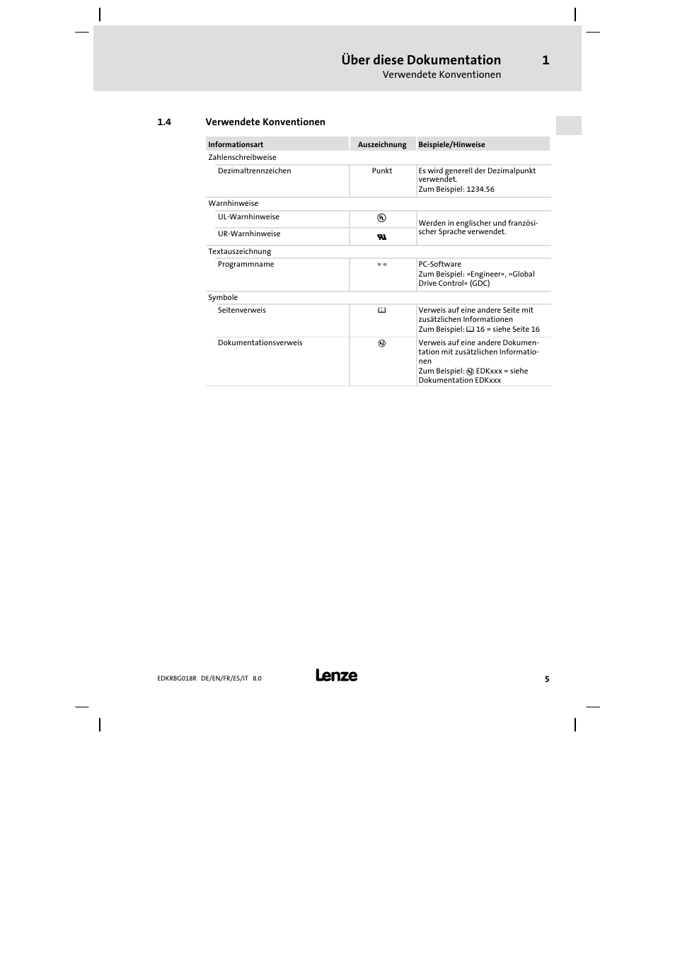 Verwendete konventionen, Über diese dokumentation | Lenze ERBGxxxxxxxx User Manual | Page 5 / 134